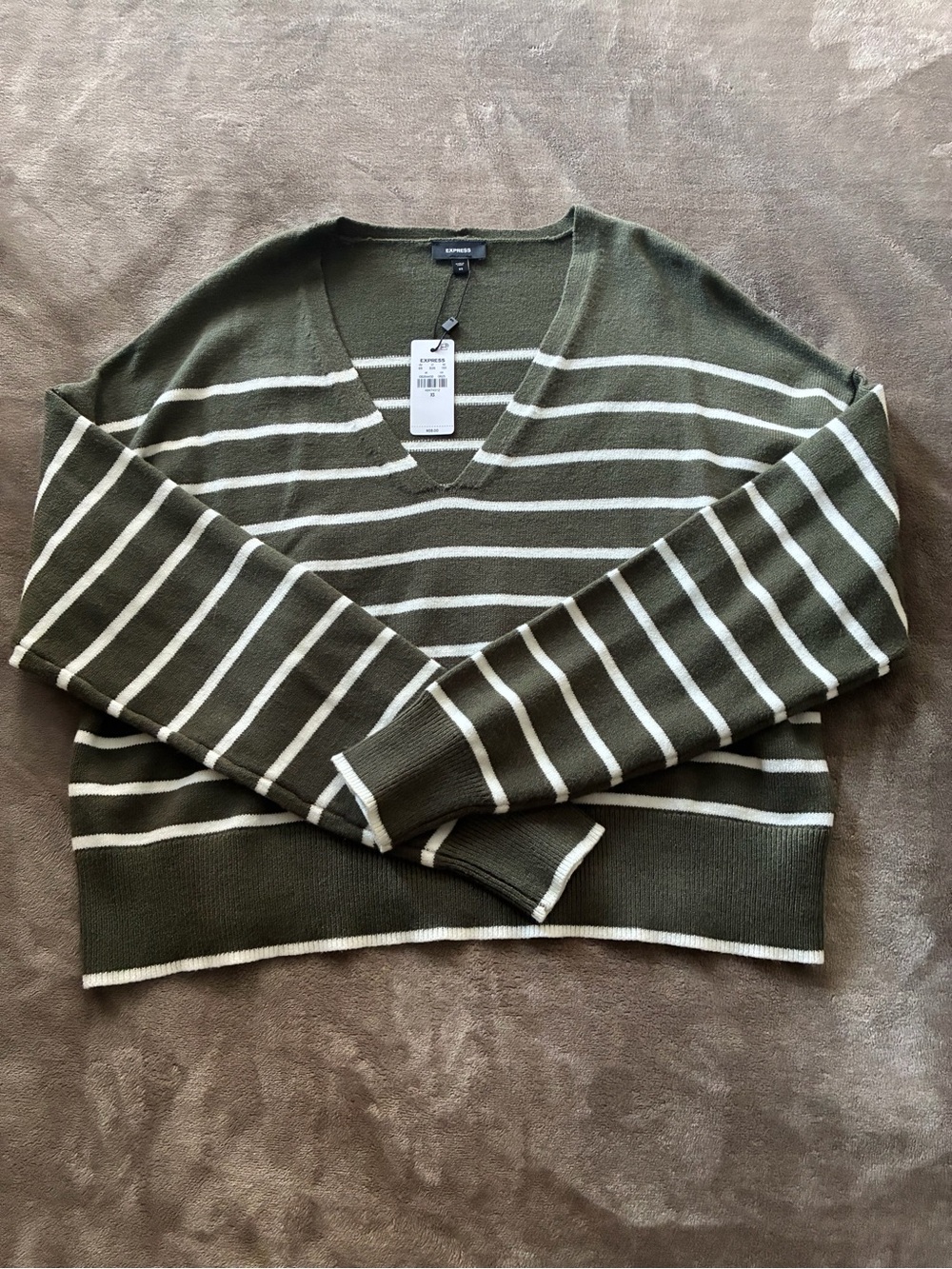 NWT Express Olive Green and White V-Neck Striped Sweater
